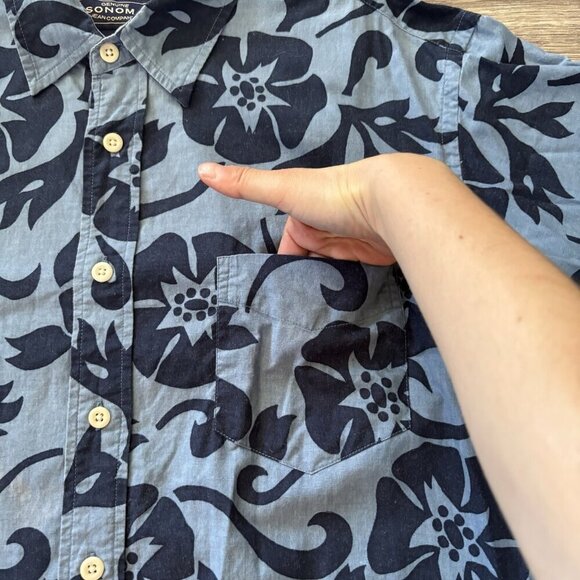 Sonoma Mens L Hawaiian Button Down Shirt Blue Aloha Tropical Camp Beach Flowers - Picture 5 of 14
